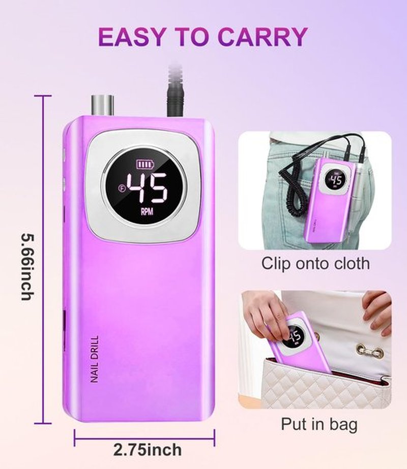 RYUNVOVO Electric Nail Drill Professional, 45000 RPM Rechargeable Nail Drill Kit, Electric Nail File for Acrylic, Manicure & Pedicure & Polishing Tools for Home Salon, Pink