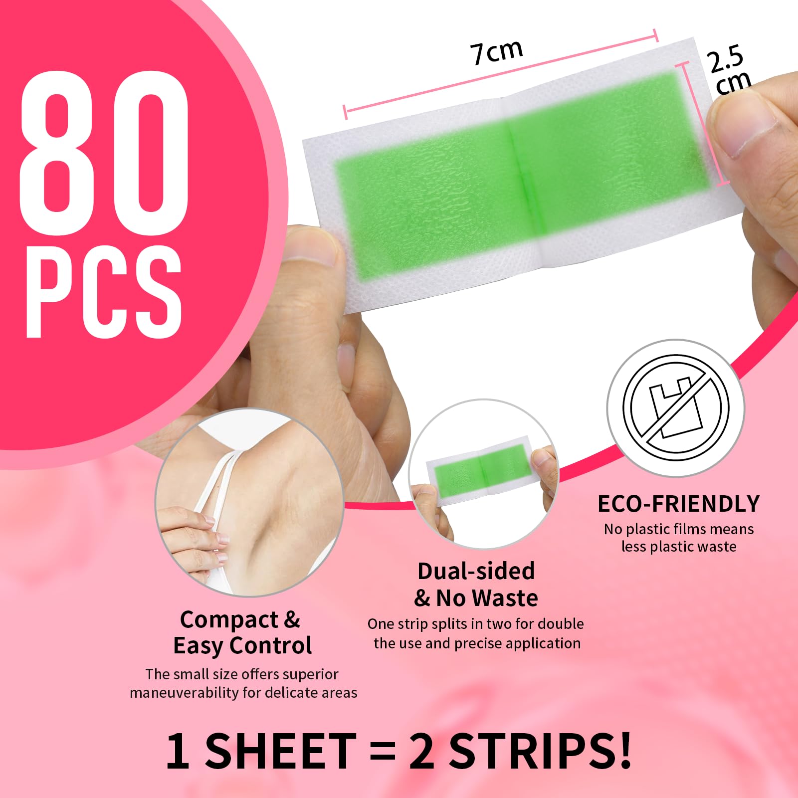 80PCS Wax Strips for Hair Removal,Waxing Kit for Women,Eyebrow Wax Strips & Facial Hair Removal,Sensitive Skin Hair Removal Friendly,Multi-Use on Face,Legs,Bikini Area,Long-Lasting Smoothness (Green)