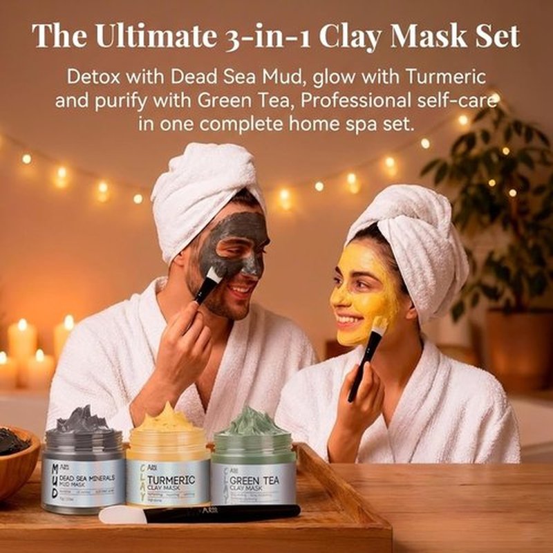 ANAI RUI Face Mask Set - Turmeric, Green Tea & Dead Sea Mud Masks for Oily Skin | Spa Gift Set for Women & Teens - 2.5 oz Each