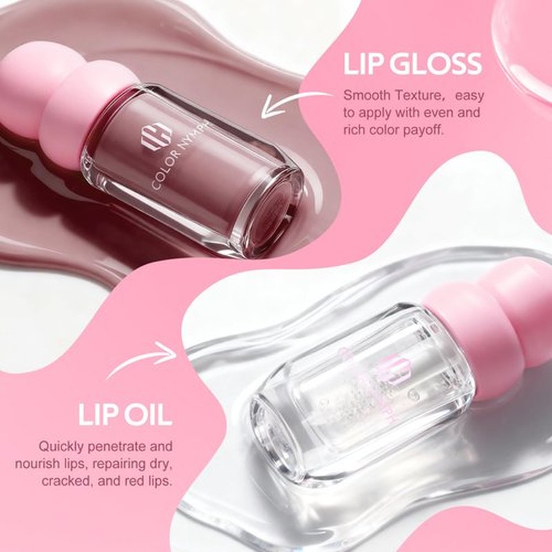 Color Nymph Lip Oil & Lip Gloss Set, Hydrating Non-Sticky Lip Makeup, Nourishing Lip Care with Jojoba Oil & Hyaluronic Acid, Glossy Pigmented Finish, #06 Dark Coffee