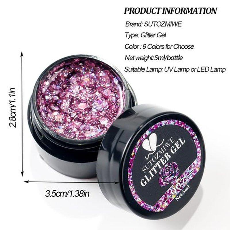 SUTOZMIWE Glitter Gel Nail Polish Set, 9 Colors Glitter Sequins Nail Gel Holographic Laser Effect Sparkle Shimmer 3D Gels Nail Polish Soak Off Curing Need Home Salon DIY Manicure Nail Art Design