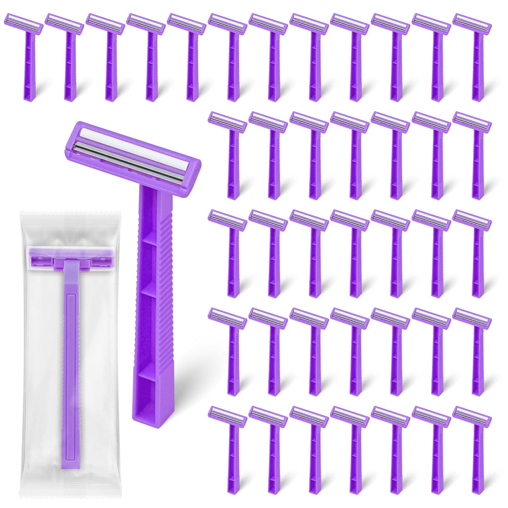 Fafortune Women's Disposable Razors Individually Wrapped Twin Blade,Disposable Razors Women Bulk with Clear Safety Cap for Men Women Camping Traveling Home Bathing Hotel (purple, pack of 30)