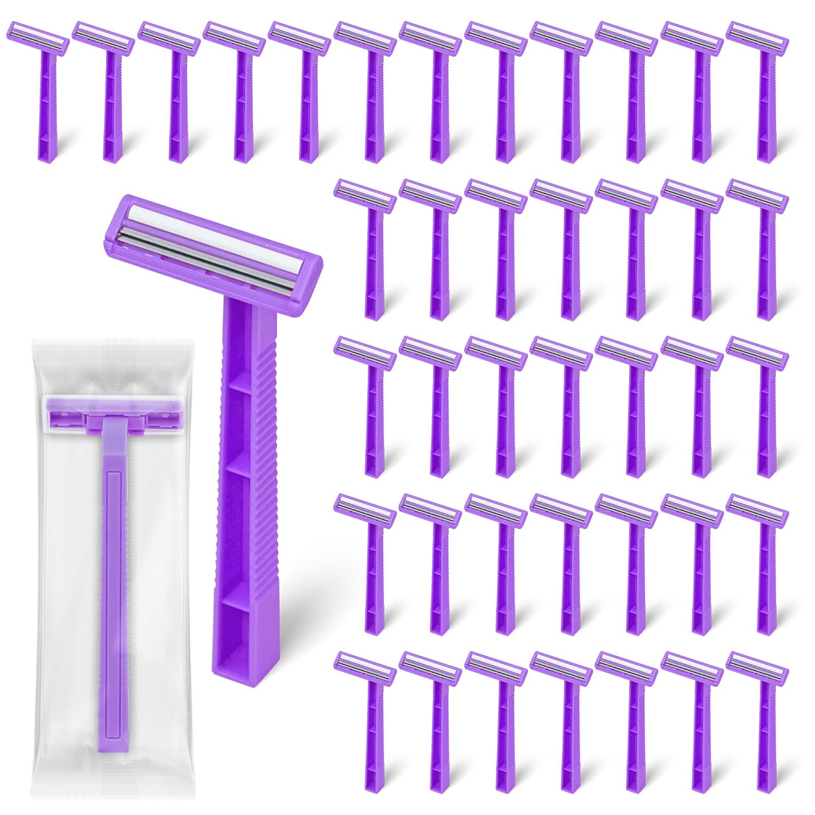 Fafortune Women's Disposable Razors Individually Wrapped Twin Blade,Disposable Razors Women Bulk with Clear Safety Cap for Men Women Camping Traveling Home Bathing Hotel (purple, pack of 30)