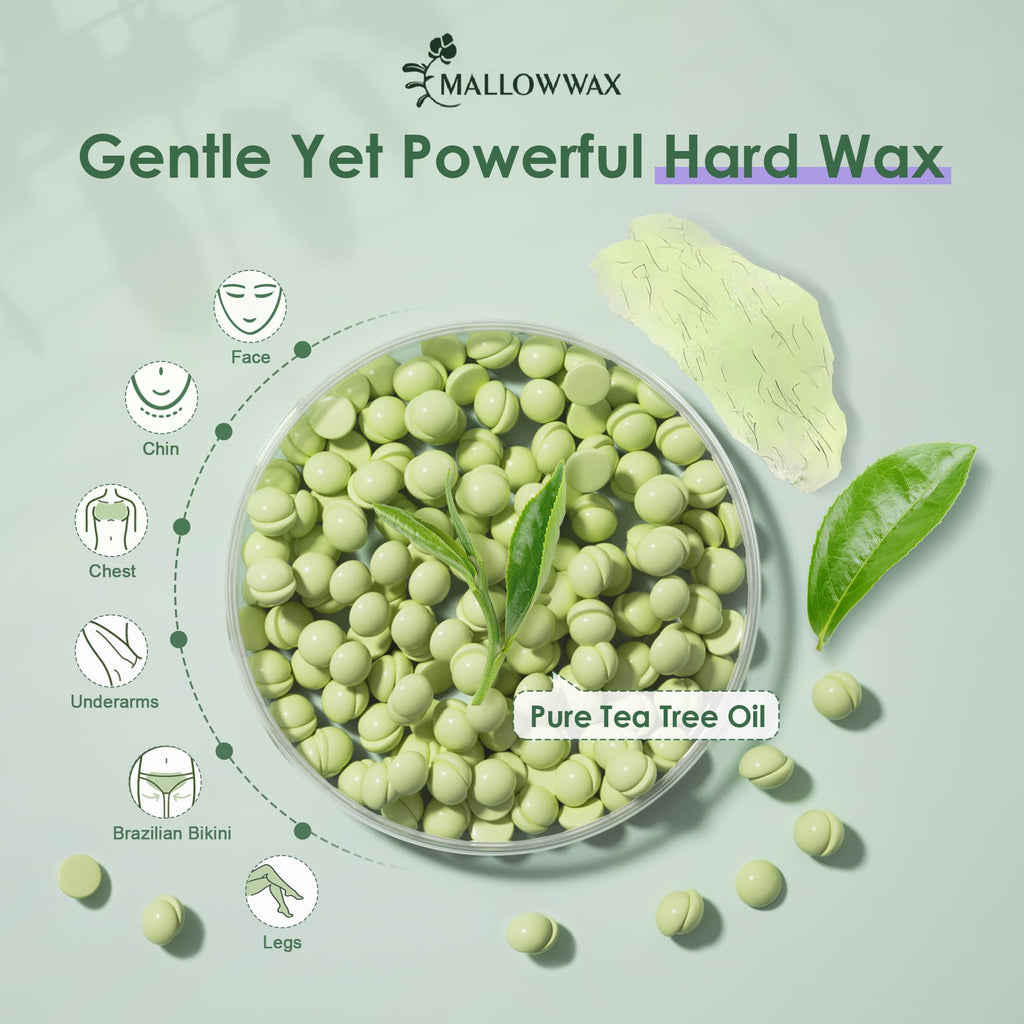 Mallowwax Hard Wax Beads - Wax for Sensitive Skin Hair Removal - Tea Tree Wax Beads for Face, Underarms, Bikini, Legs