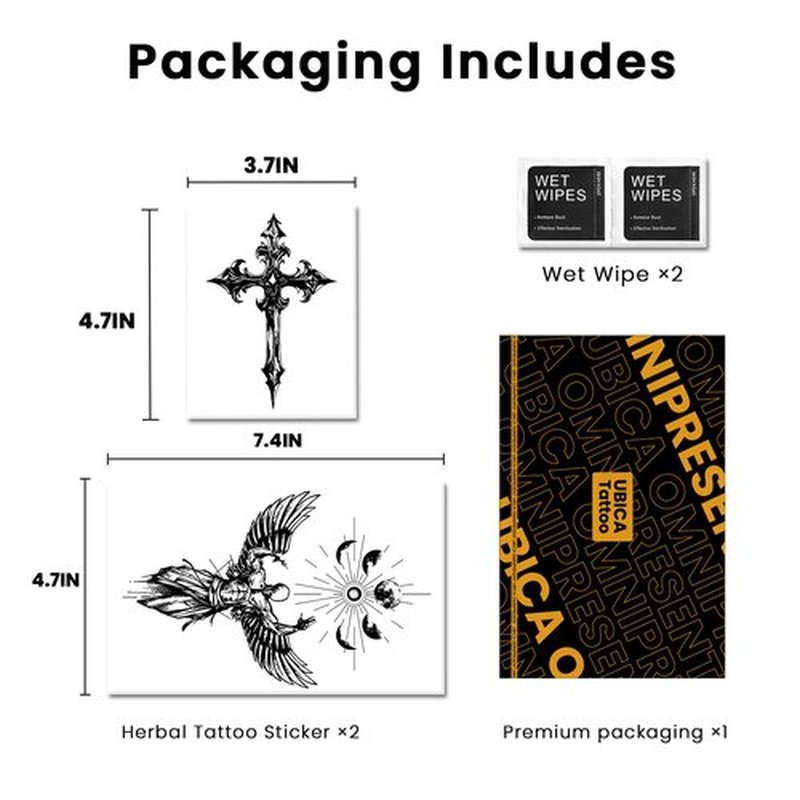 UBICA Semi Permanent Tattoos, 2 Sheets Realistic Large Temporary Tattoos for Men, Fake Tattoo for Back Arm Wrist, Waterproof No Reflective, Lasts 2 Weeks (Strength Angel Wing & Gothic Cross Designs)