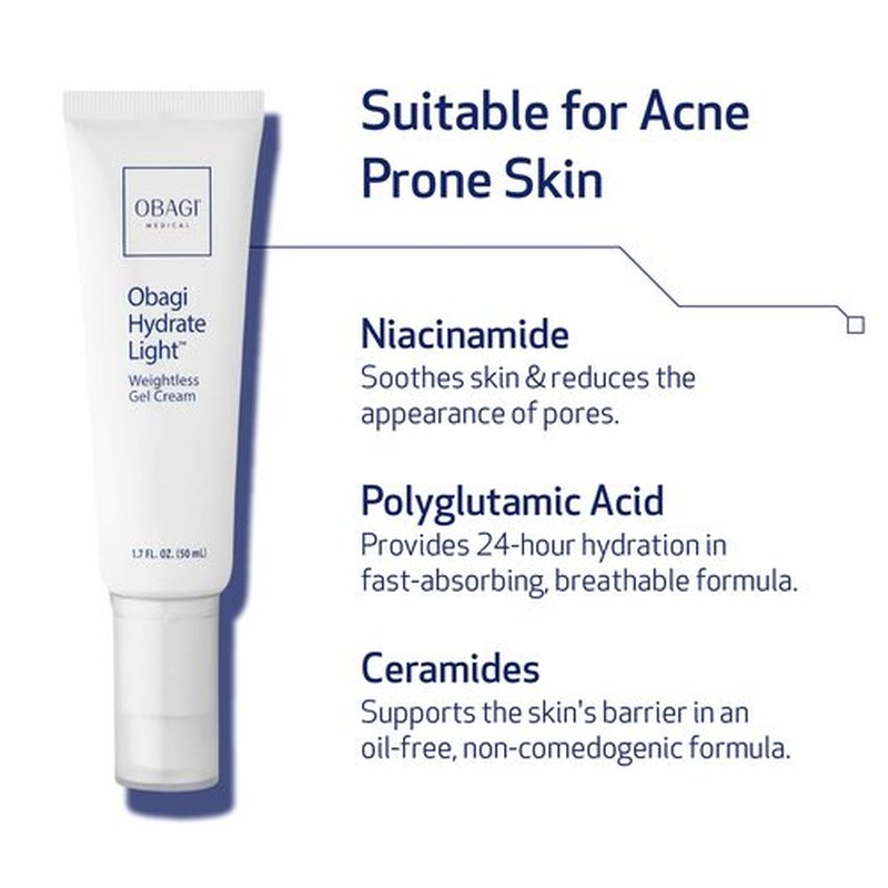 Obagi Hydrate Light Weightless Gel Cream – Lightweight Moisturizer for 24 Hour Hydration – Oil Free, Hypoallergenic & Suitable for All Skin Types – 1.7 oz