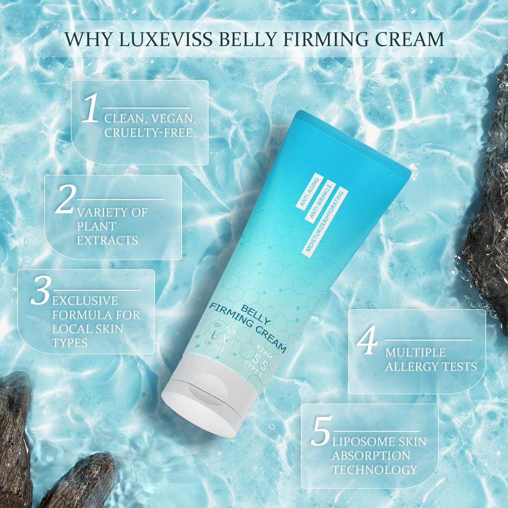 Luxeviss Advanced Belly Firming Cream – B FLAT Skin Tightening Lotion for Stomach, Thighs & Butt, Helps Reduce the Look of Cellulite & Stretch Marks, Hydrating Body Cream for Women & Men, 3.35 Oz