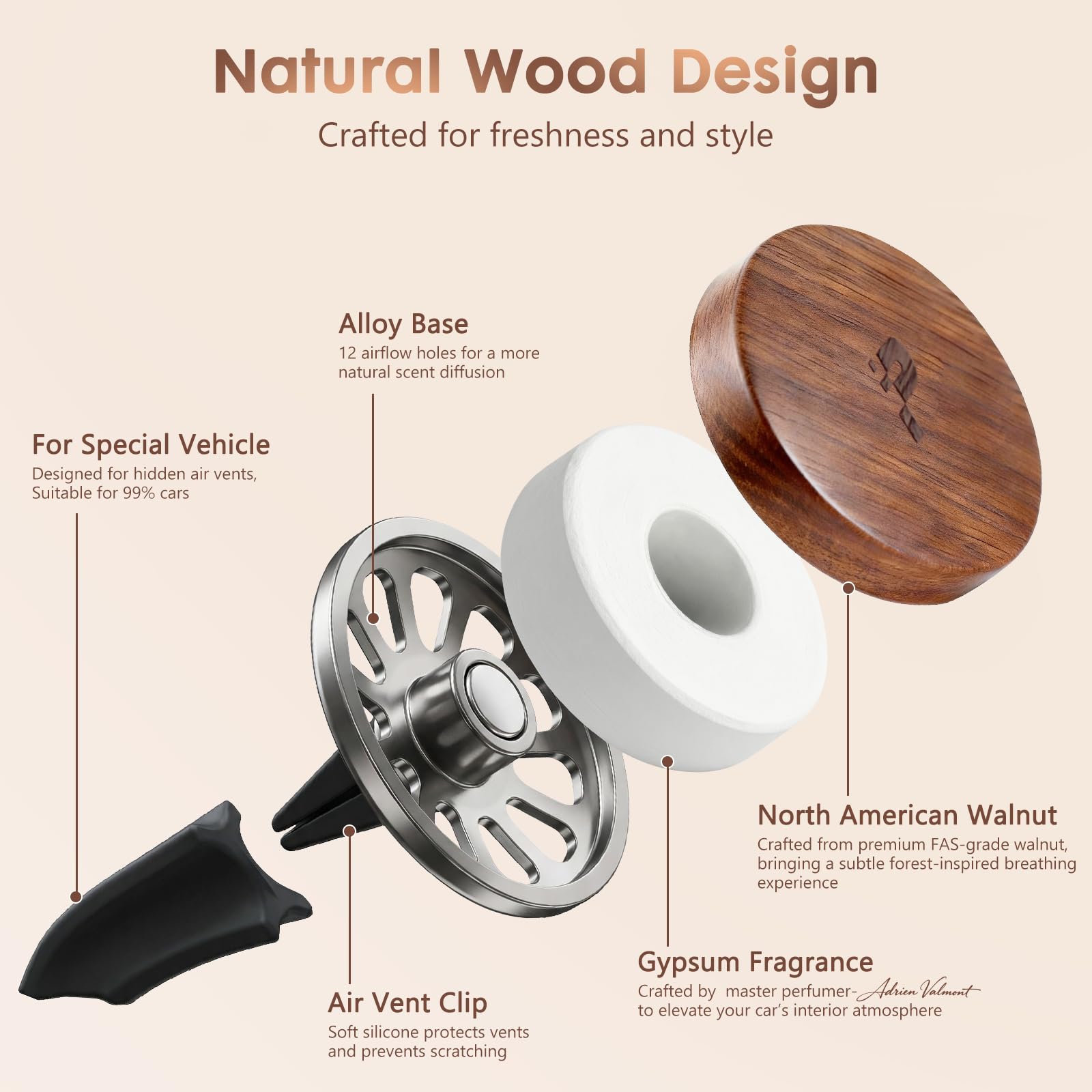 PERPOTAO Wooden Car Air Freshener Vent Clip, Refillable Essential Oil Diffuser with Long-Lasting Natural Scent, North American Walnut & Metal Auto Deodorizer, Includes 2 Clips + 4 Plaster Refills