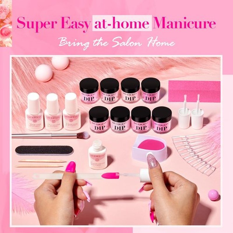 AZUREBEAUTY Dip Powder Nail Starter Kit with Matte Coat, 8 Hot Pink Glitter Neon Summer Color, Dipping Powder Liquid Set with Base/Top Coat/ Activator/10 Nail Sticks Salon at Home Valentine's Day Gift