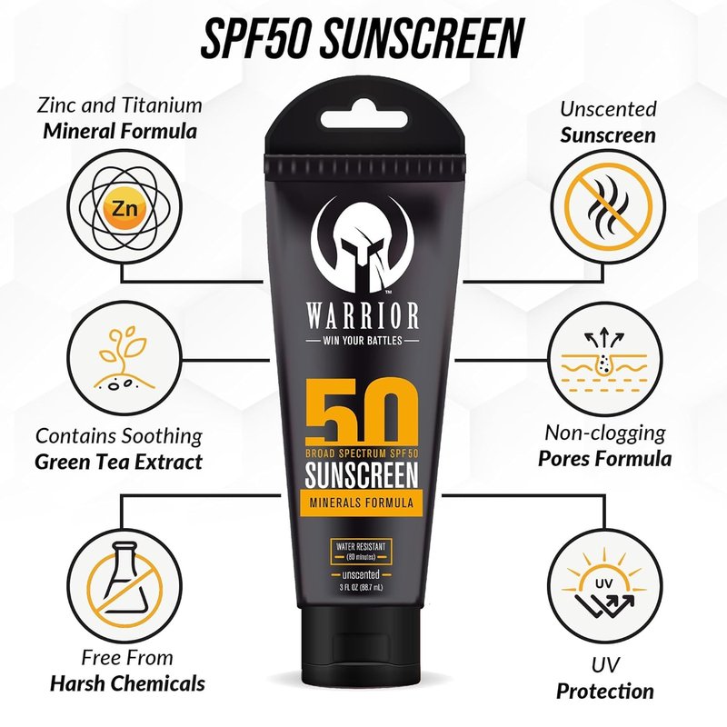 WARRIOR - WIN YOUR BATTLES- SPF 50 Sunscreen Lotion - 80 Minutes Water Resistant, Reef Safe, Unscented Lotion Non-Nao Zinc & Non-NanoTitanium Sunscreen with Mineral Formula - 3 Fl. Oz