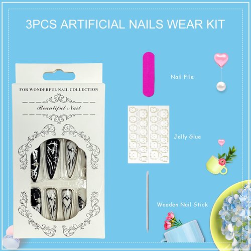 Tyuimhx Black Press on Nails Long Almond Fake Nails With Butterfly Heart Designs Pearls False Nails Full Cover Stick on Nails Acrylic Artificial Nails for Women Glue on Nails 24Pcs