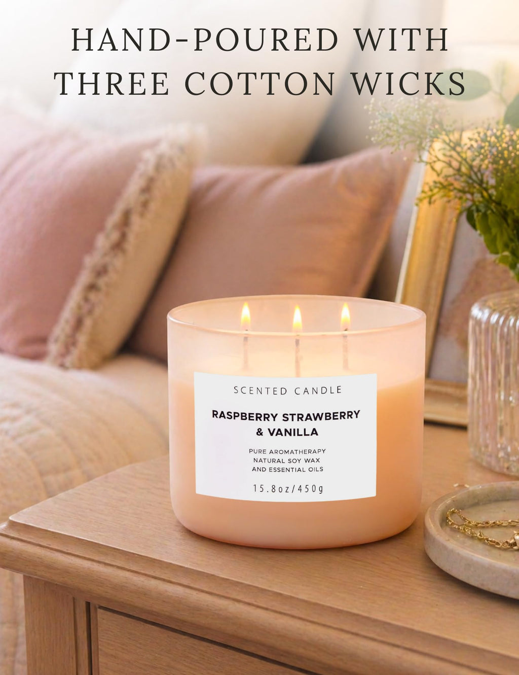 Raspberry Strawberry Vanilla 3-Wick Scented Soy Candle 15.8 oz | Large Sweet Berry Vanilla Scented Candle for Home | Relaxing Aromatherapy Candle | Strong Throw & Long Lasting
