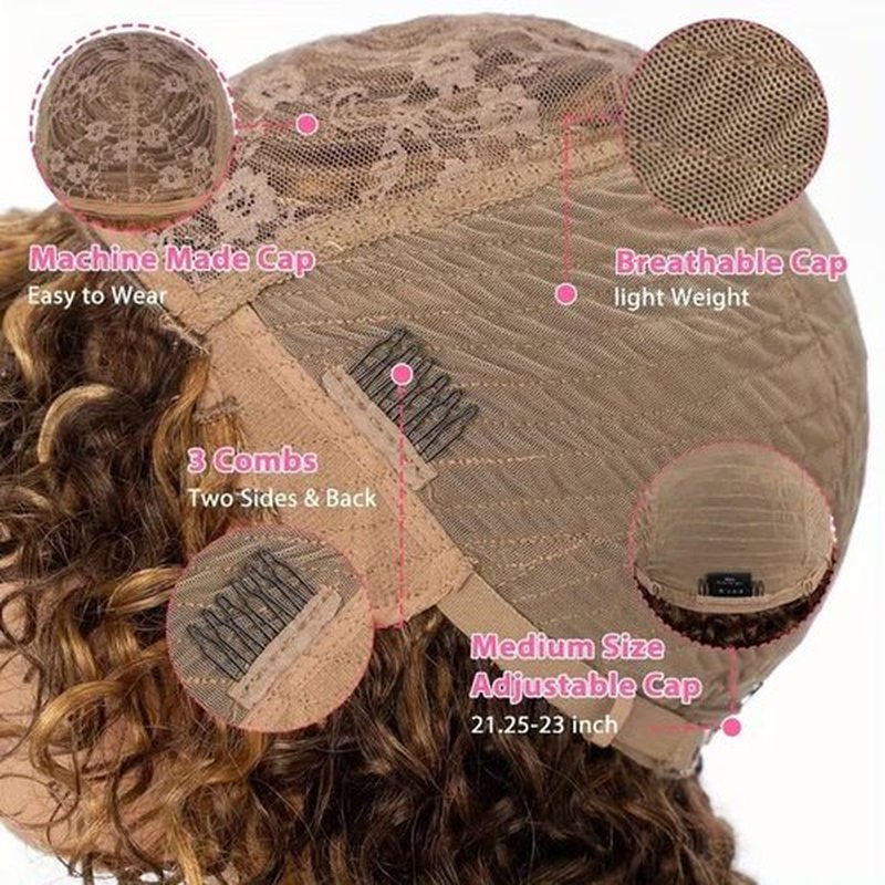 Kislemon Short Curly Human Hair Wigs For Black Women Glueless Afro Natural Curly Wig Brazilian Virgin 4/27 Color Pixie Cut Wig With Bangs 150% Density Highlight Ombre Blonde Wigs (Natural Curly)