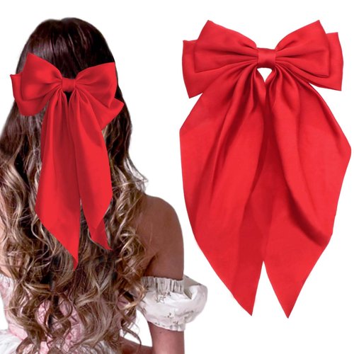 STGDAK Valentine's Day Hair Bows Classic Bow Clips Red Ribbon Bow Barrettes Large Bowknot Clip Satin Bowknot French Barrette Long Tail Cute Valentines Day Hair Accessories For Girls Women Teens