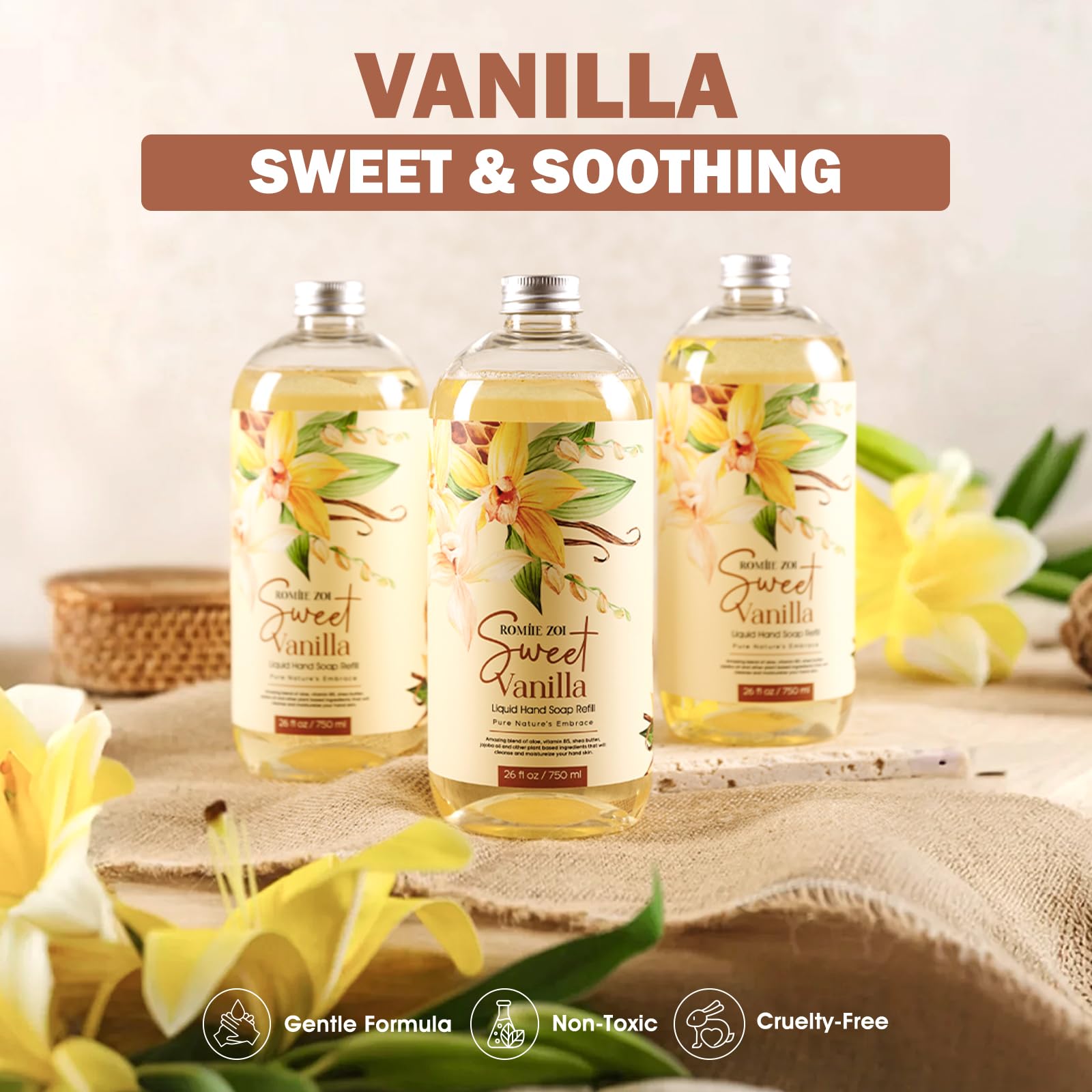 ROMIIE ZOI Liquid Hand Soap Refill Gift Set, Sweet Vanille, 3 Pack (26 Fl Oz Each), Plant-Based, Biodegradable & Gentle Formula for Daily Use in Kitchen, Bathroom