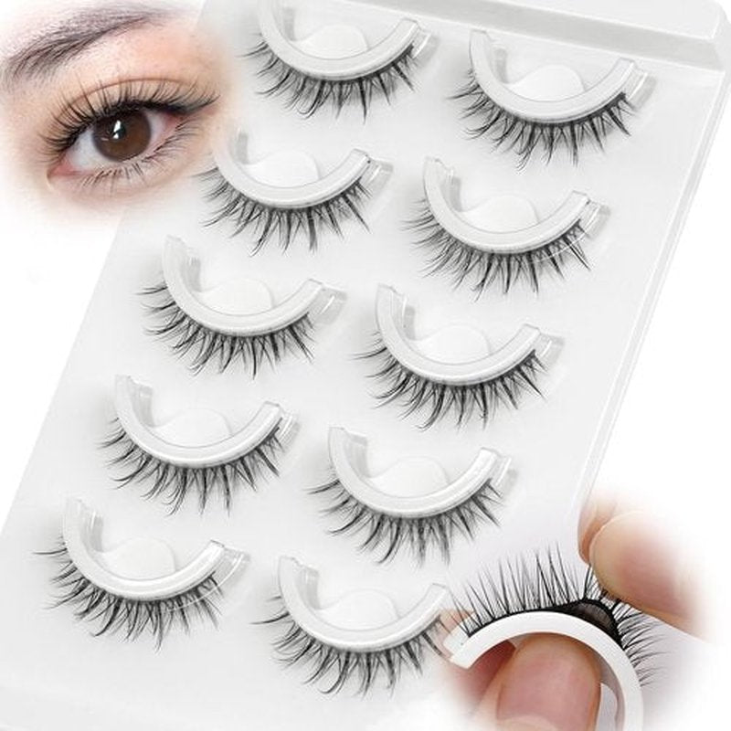 Self Adhesive Eyelashes Preglued Glueless - Natural Look No Glue Eyelashes 10mm Natural Round Eye Waterproof Glueless No Glue Needed Reusable Stick on False Strip Lashes (6D17 with Tweezers)