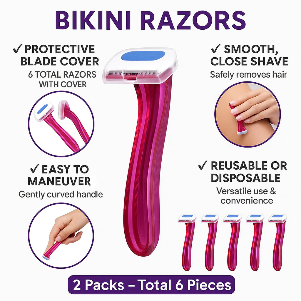 2 Packs Bikini Razors – Total 6 Pieces – Reusable Disposable Shavers for Women’s Bikini Area – Ideal for Brazilian Shave, Pubic Hair, Underarms, and Body Grooming