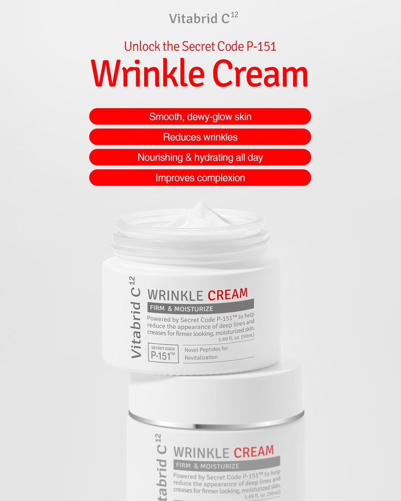 VITABRID C12 Wrinkle Cream - Age Defying Skin Recovery Moisturizer with Peptides, Vitamin C, Shea Butter - Wrinkle Repair Moisturizing Day & Night Skincare for Face and Neck - Fragrance Free, 1.69oz.