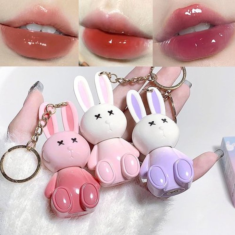 Skiennix 3-Piece Rabbit Keychain Lip Glaze Set - Moisturizing Crystal Lip Glow Gel & Sparkling Gloss
