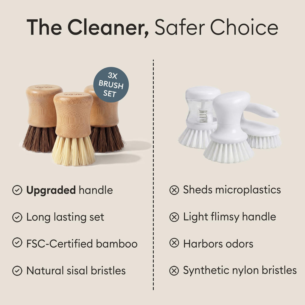 Vove Bamboo Dish Scrub Brush Set, 3-Pack Plastic-Free Kitchen Brushes for Dishes Pots and Cast Iron, FSC-Certified Bamboo with Natural Sisal and Union Fiber Bristles, 2 Hard and 1 Medium Brush