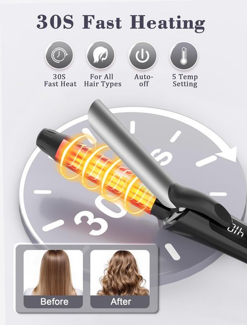 Travel Curling Iron 1 Inch,Dual Voltage Curling Iron 110-240V with European Plug,Small Curling Wand for Women & Short Hair, 5 Temp Digital Settings, Auto-Off, Anti-Scald Cover,Heat-Resistant pad(Grey)