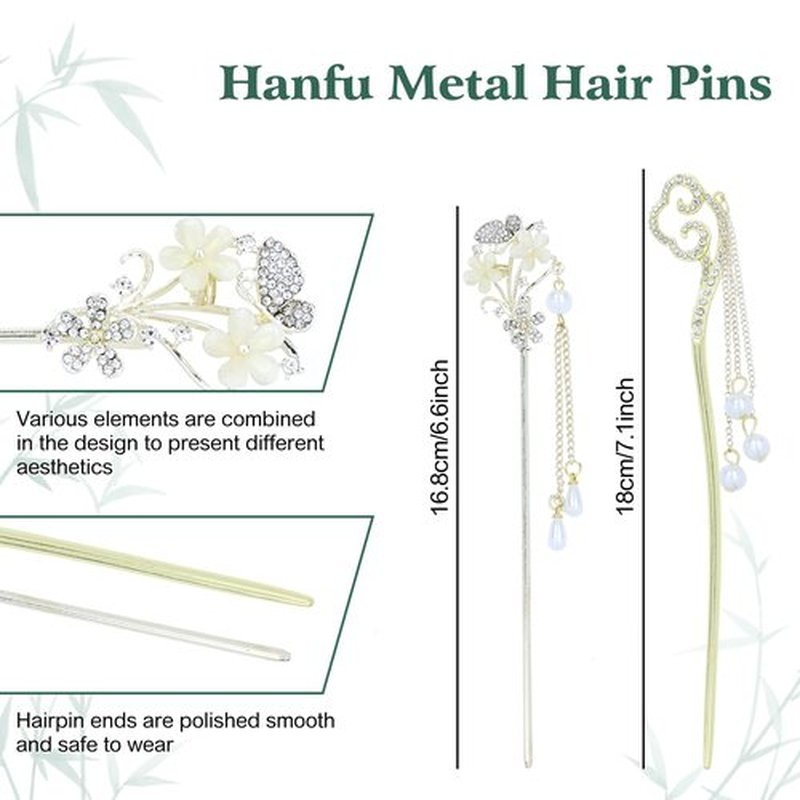 inSowni 8 Pieces Vintage Retro Asian Chinese Hanfu Gold Metal Hair Sticks Pins with Pearl Pendants Bamboo Leaf Flower Fishtail Hair Chopsticks Forks Bun Updo Holders Long Hairpins for Women Girls