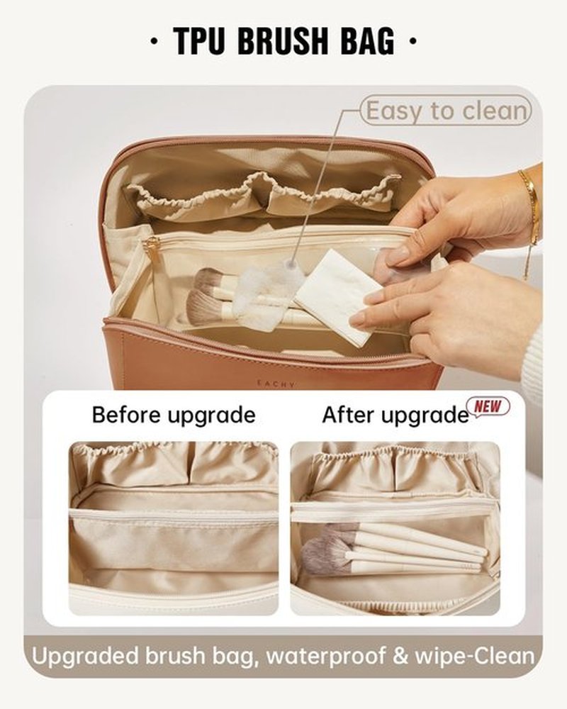 EACHY Travel Makeup Bag - Large Capacity Waterproof PU Leather Cosmetic Organizer for Women