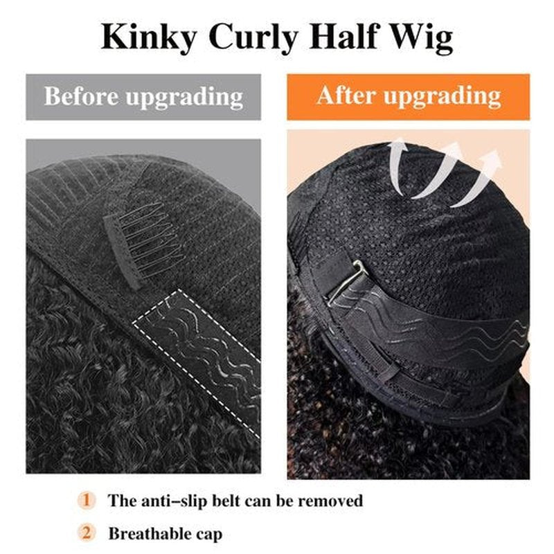 Half Wig Human Hair Kinky Curly Half Wig 200 Density 3 In 1 Seamless Flip Over Glueless Wigs Human Hair with Drawstring Invisible Hairline Beginner Friendly Curly Wig Headband Wig for Women 18Inch