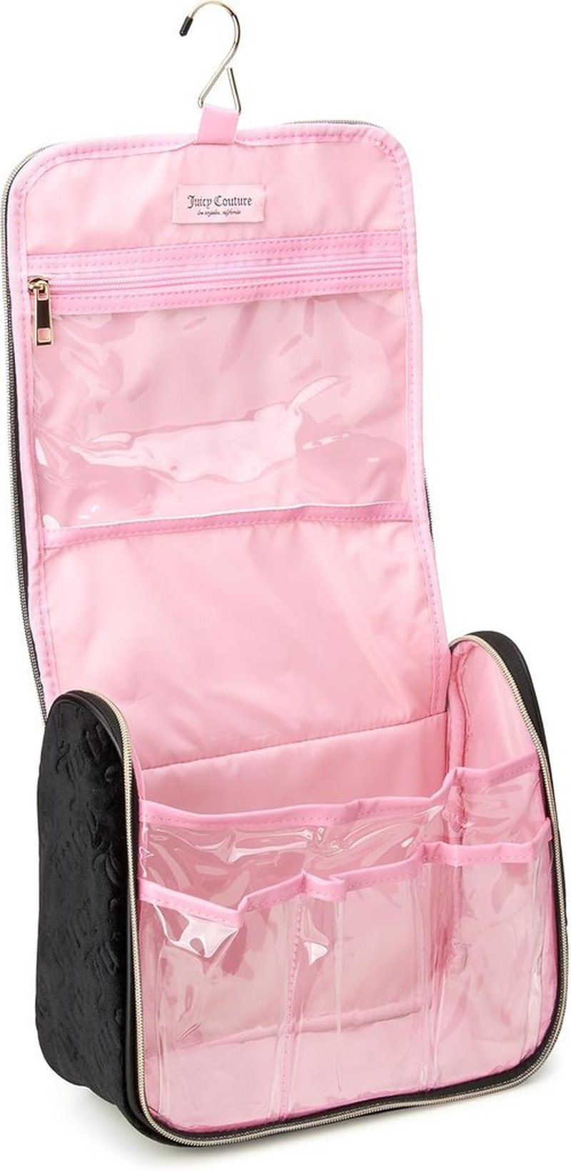 Juicy Couture Black Makeup Bag - Velour Cosmetics Organizer with Travel Hook & Logo