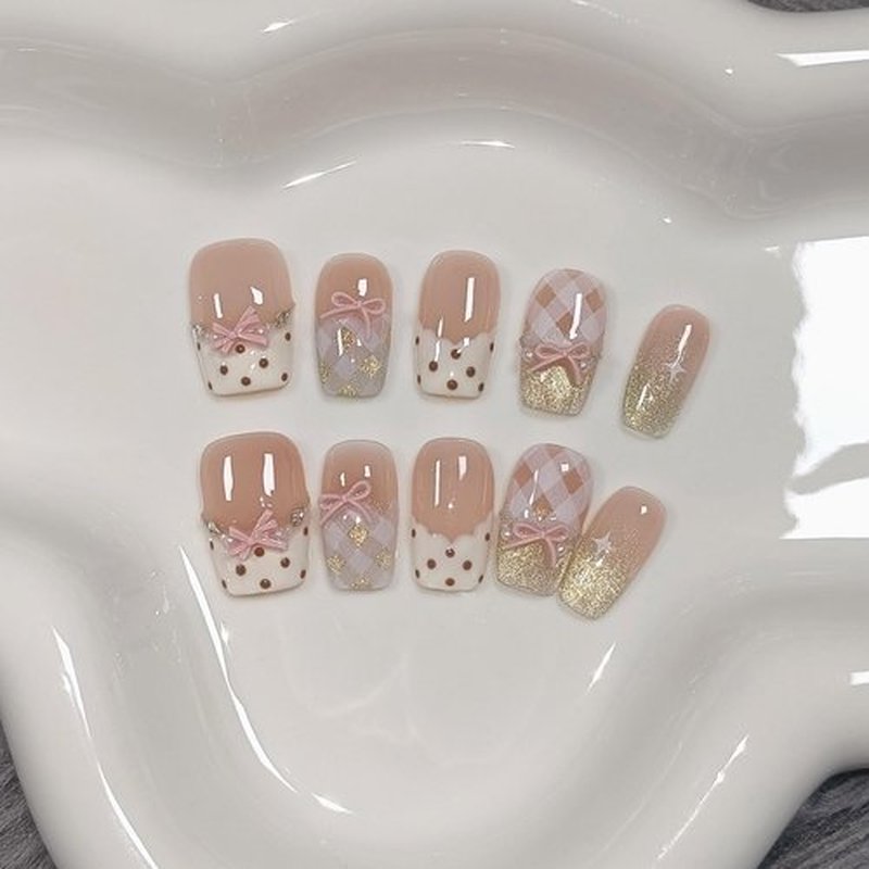 TENPAL 10Pcs Y2K Short Medium Coffin Press On Nails With Tools Kit,Light Pink Cat Eye French Fake Nails with Dot Bow Plaid Pattern,K-Beauty Acrylic Glue on Nails for Wedding Party Daily Wear(XS)
