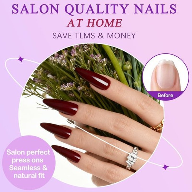 144pc Burgundy Press on Nails Long Stiletto Fake Nails with Glue Tabs, Wine Red Nails Press ons Nails Stiletto Glue on Nail Pointy Acrylic Nails Stick False Artificial Fingernail for Women Girls