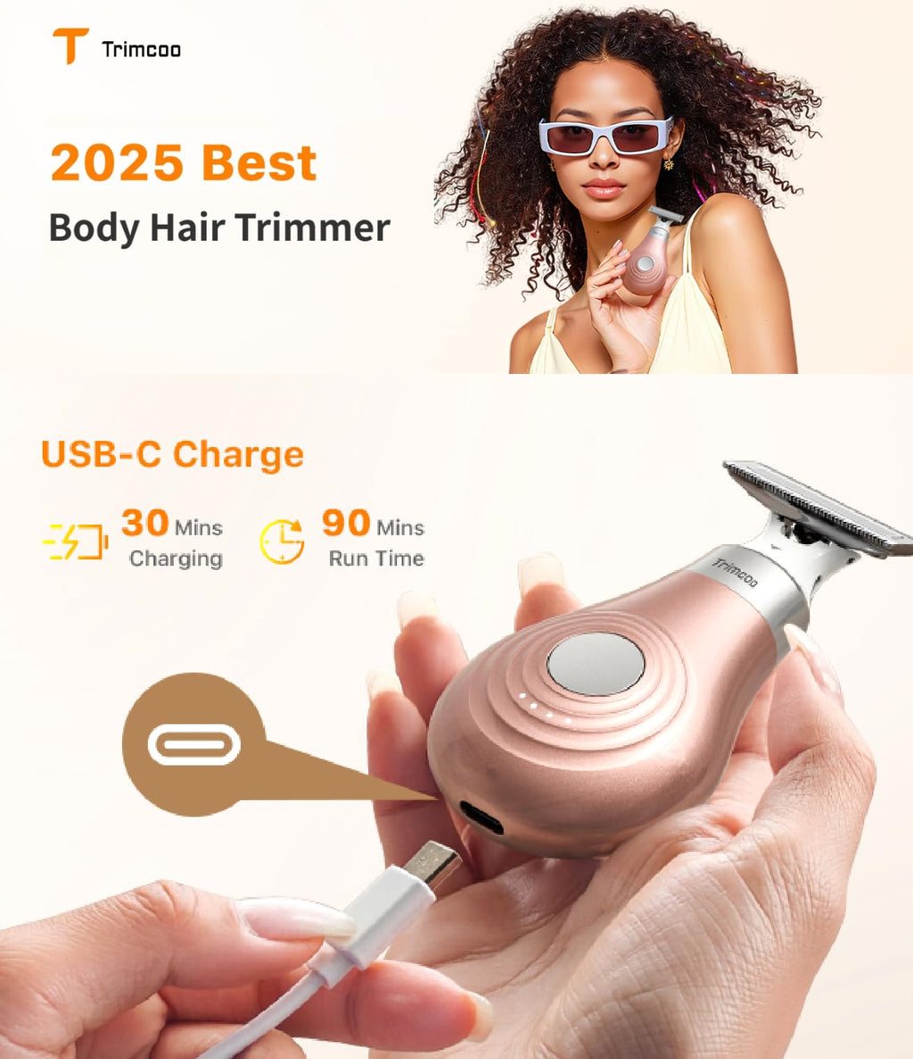 Trimcoo Mini Bikini Trimmer for Women - Intimate Pubic Hair Removal, Electric Body Groomer, Small Portable Wet/Dry Shaver, Magnetic Blade, USB-C Rechargeable with Travel Case, Easy to Clean (Gold)