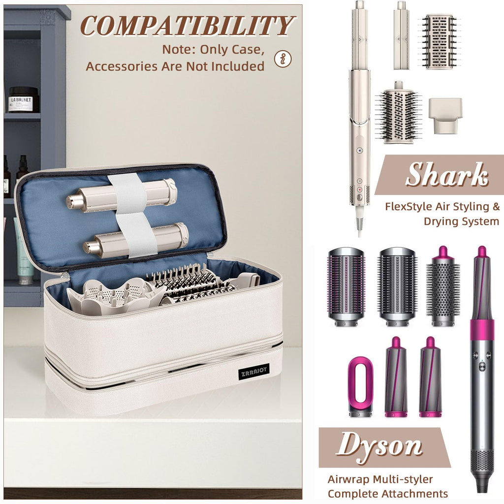 ZRRAJOY Double Layer Storage Case For Shark Flexstyle, Travel Carrying Case For Shark 430/440 Flexstyle, Organizer Bag For Shark Flexstyle/Dyson Airwrap Styler Attachments (Beige)