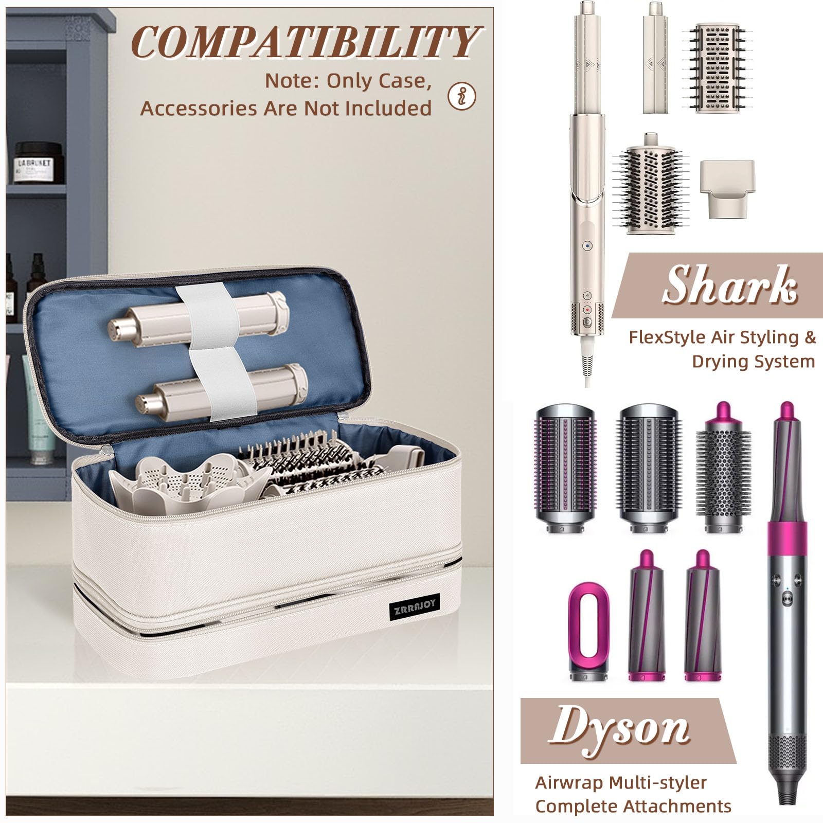 ZRRAJOY Double Layer Storage Case For Shark Flexstyle, Travel Carrying Case For Shark 430/440 Flexstyle, Organizer Bag For Shark Flexstyle/Dyson Airwrap Styler Attachments (Beige)