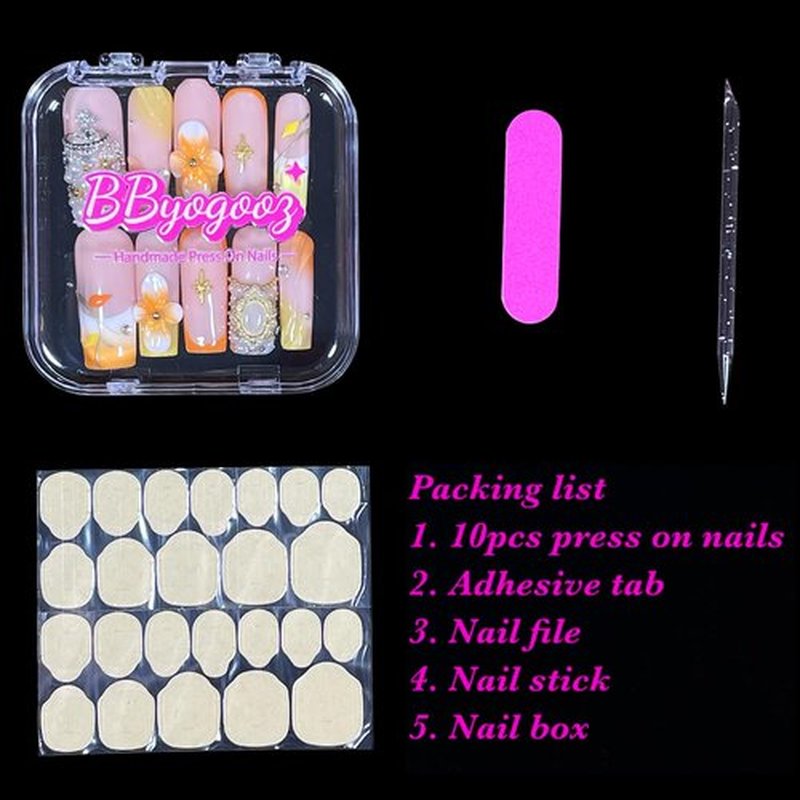 Handmade Press On Nails Medium/Long Square – Orange & Yellow 3D Floral Design with Diamonds, Pearl Chains & Retro Accents | Reusable Acrylic False Nails Gift for Women & Girls (S size)