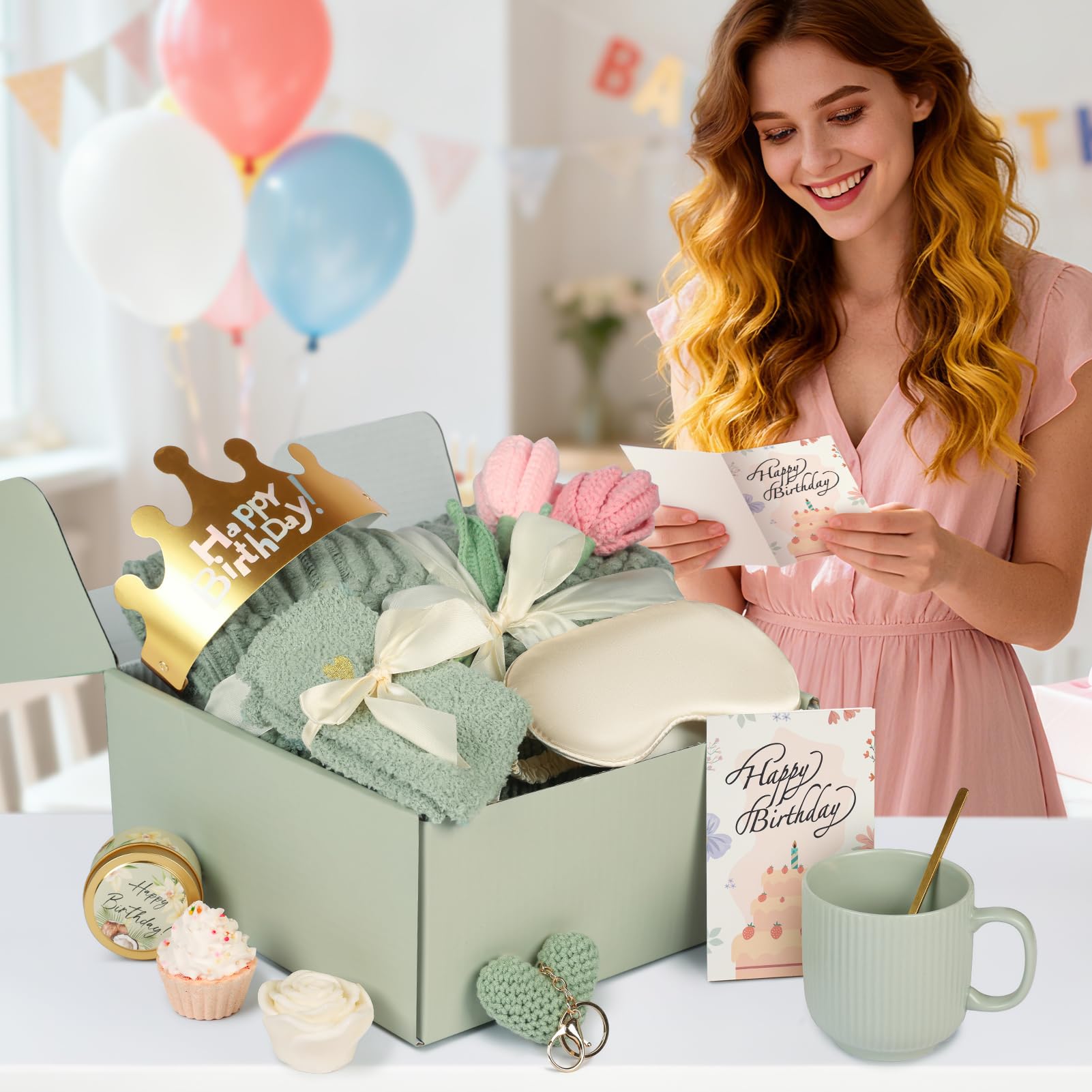 CuriBox Birthday Gifts for Women - 13PCS Unique Happy Birthday Easter Gifts Basket for Mom Her Best Friend Sister Wife Girlfriend Coworker - Relaxing Spa Self Care Package Mothers Day Set (Green)