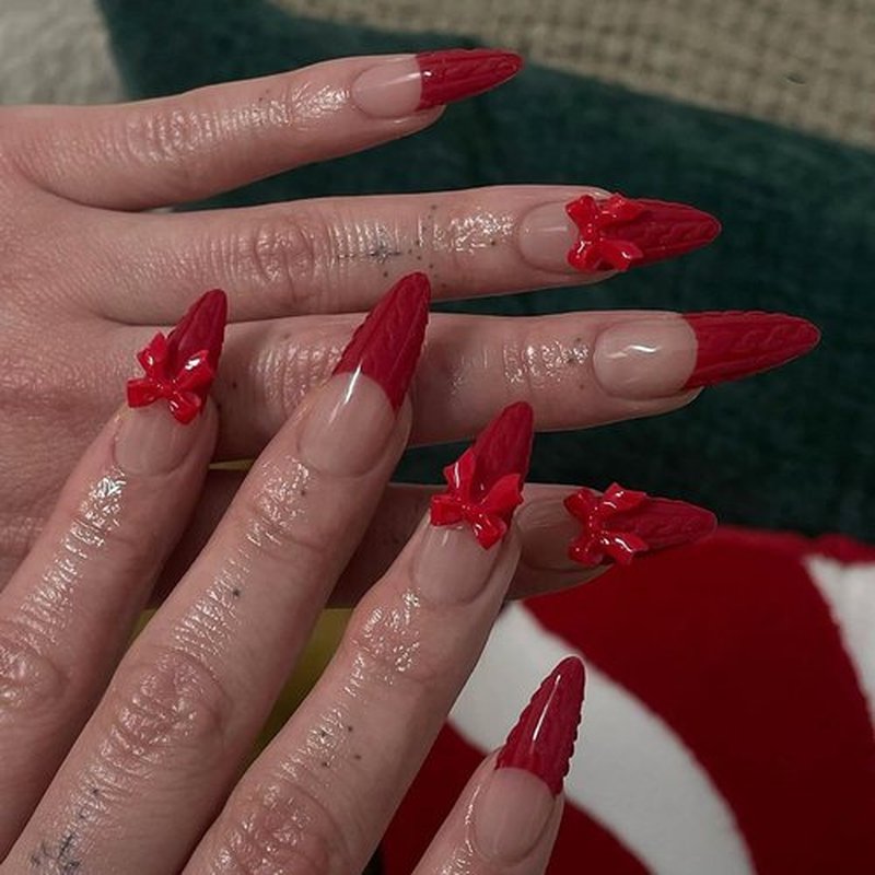 Press on Nails Long Almond MABKJLF Red French Tip Fake Nails False Nails with Designs Bow Charm Solid Colour Glossy Glue on Nails Stick on Nails Acrylic Nails for Women Girls 24 Pcs