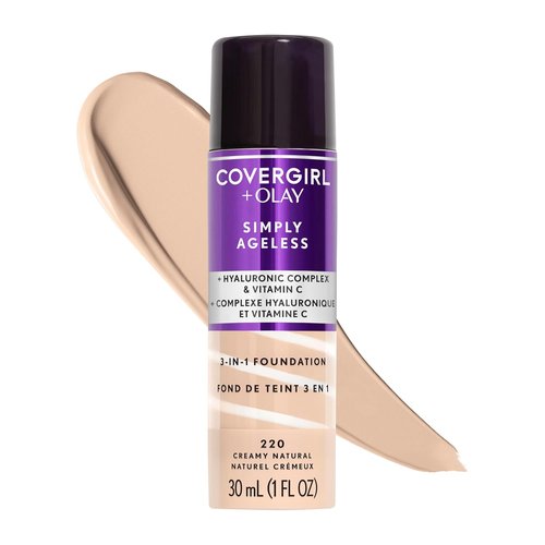COVERGIRL & Olay Simply Ageless 3-in-1 Liquid Foundation - Matte Finish with Hyaluronic Acid & Vitamin C, 220 Creamy Natural