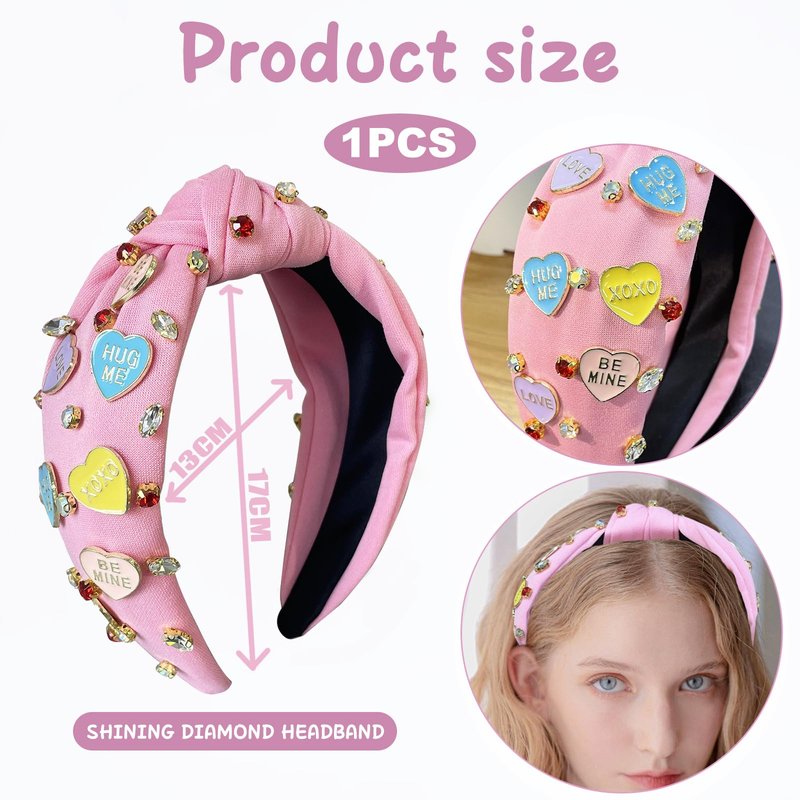 Valentines Headbands for Women, Valentines Day Headband, Heart Pink Heart Rhinestone Knotted Headband, Valentine's Sparkly Wide Hairband, Cute Valentine Gifts for Teachers, Girls, Birthday & Party