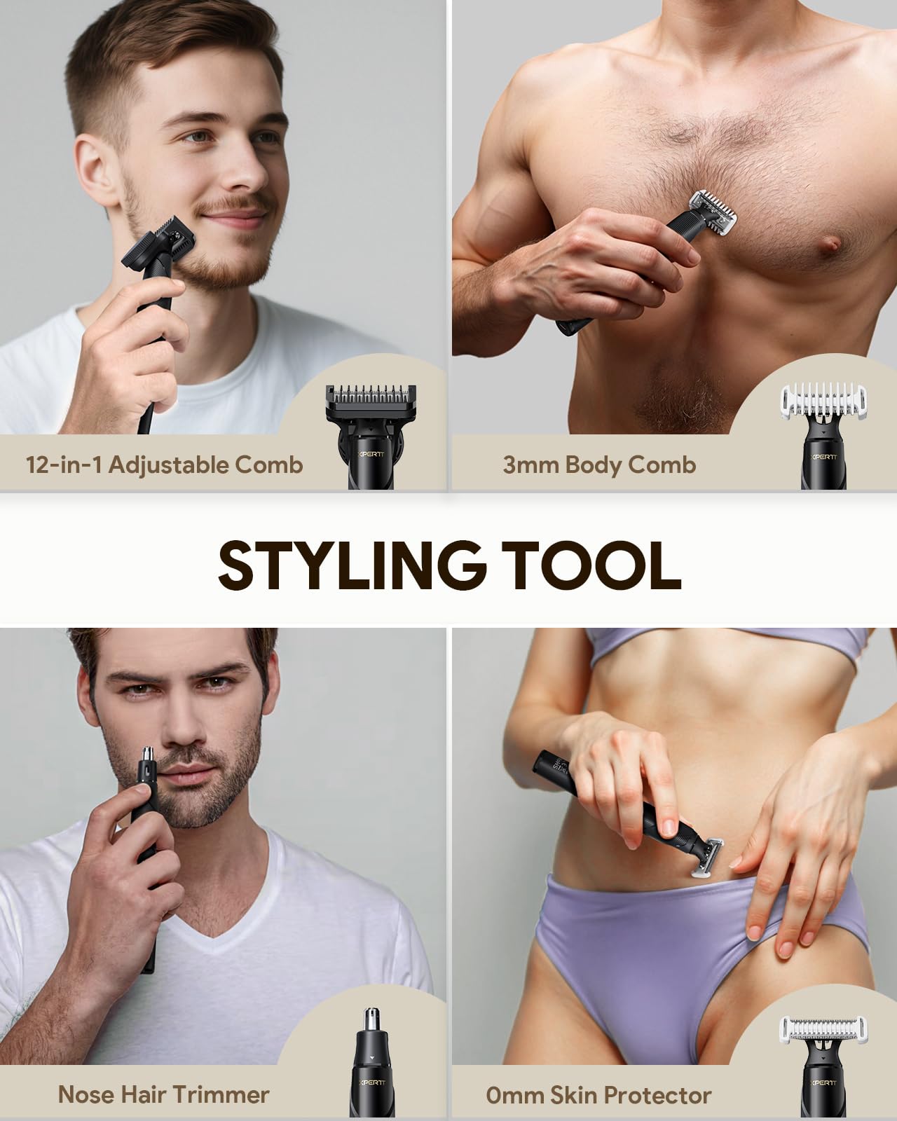 Xpert T Integrated Magnetic Electric Beard Trimmer & Shaver, with Travel Case, Electric Razor, Adjustable Combs Set, Body Kits, Nose Hair Trim Head, Personal Body Trimmer for Men Women, Black