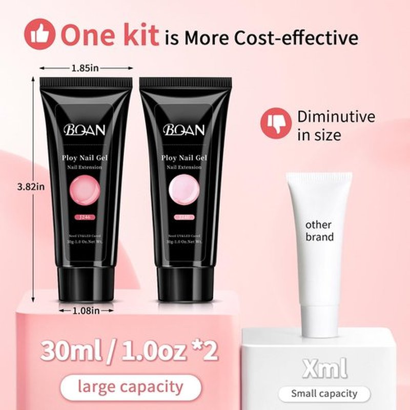 BQAN Poly Nail Gel, 2 Jelly Colors Poly Extension Gel (30ml) with Slip Solution & Brush | Non-Lifting Low Odor | for Nail Builder Pro Salon & Home DIY - Jelly Light Pink, 1 Oz/Pack (Pack of 2)