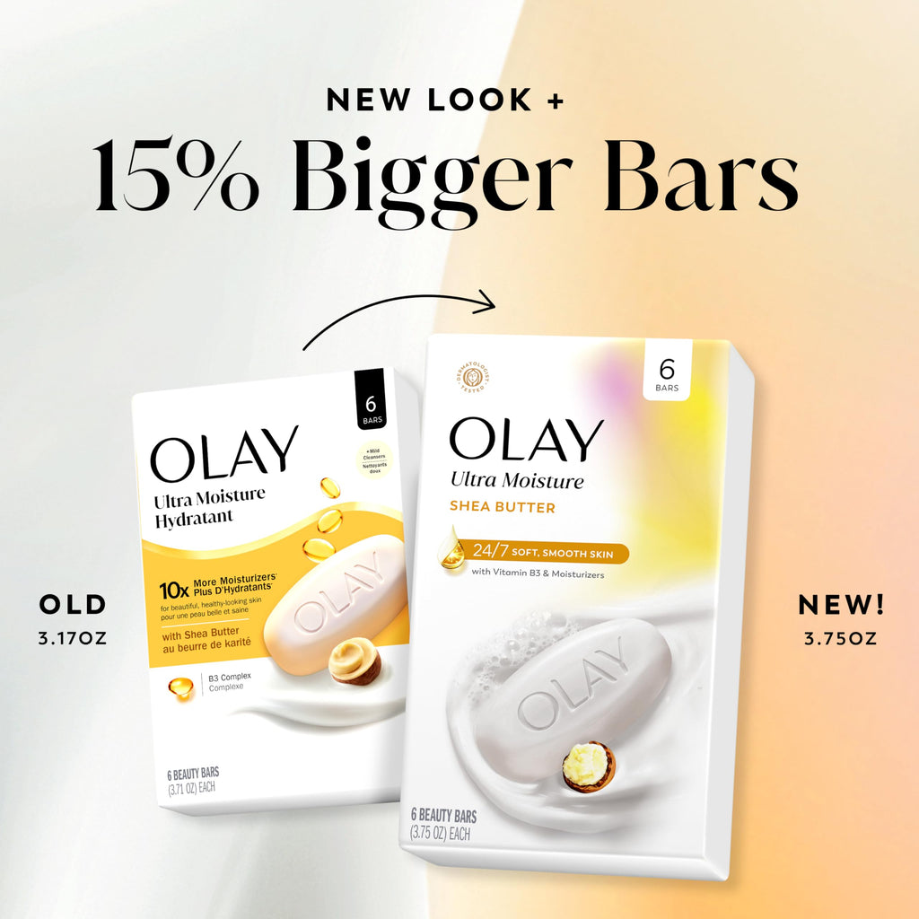 Olay Beauty Bar, Ultra Moisture,10x More Moisturizers, 24/7 Soft & Smooth Skin, Gentle Cleanse on Face & Body, Vitamin B3 Complex, For All Skin Types, Shea Butter Scent, 3.75 oz, (Pack of 6)