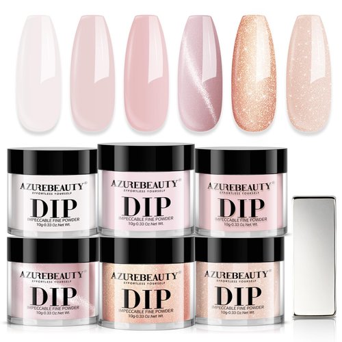 AZUREBEAUTY Dip Powder Nail Set, 6 Colors Nude Pink Glitter Cat Eye Natural Dipping Powder Starter All Season Kit, French Nail Art Manicure DIY Salon, No Need Nail Lamp Cured