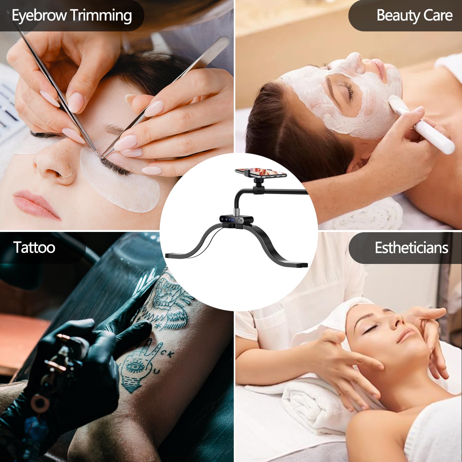 Lash Light for Eyelash Tech-Esthetician Ring Light, Half Moon Light for Led Lash Lamp Extensions, Tattoo Artists, Nail Tech - Cool, Warm Lamp with Adjustable Brightness & Height, Phone Holder (Black)