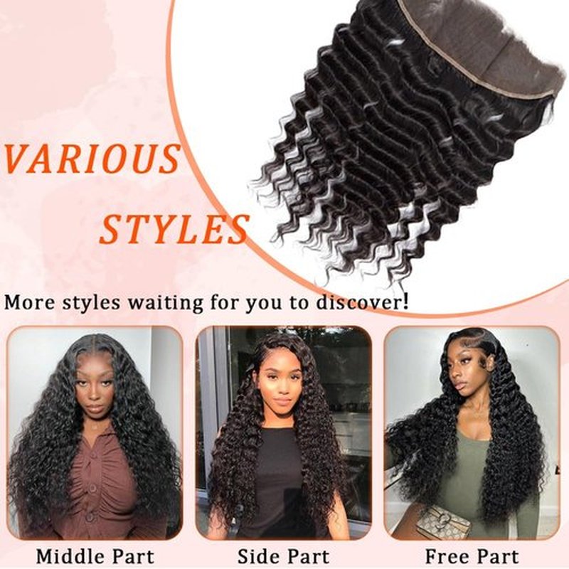 13x4 Lace Frontal Deep Wave 14 Inch 150% Density Unprocessed Brazilian Human Hair HD Lace Frontal Pre Plucked Free Part with Baby Hair for Black Women Natural Color
