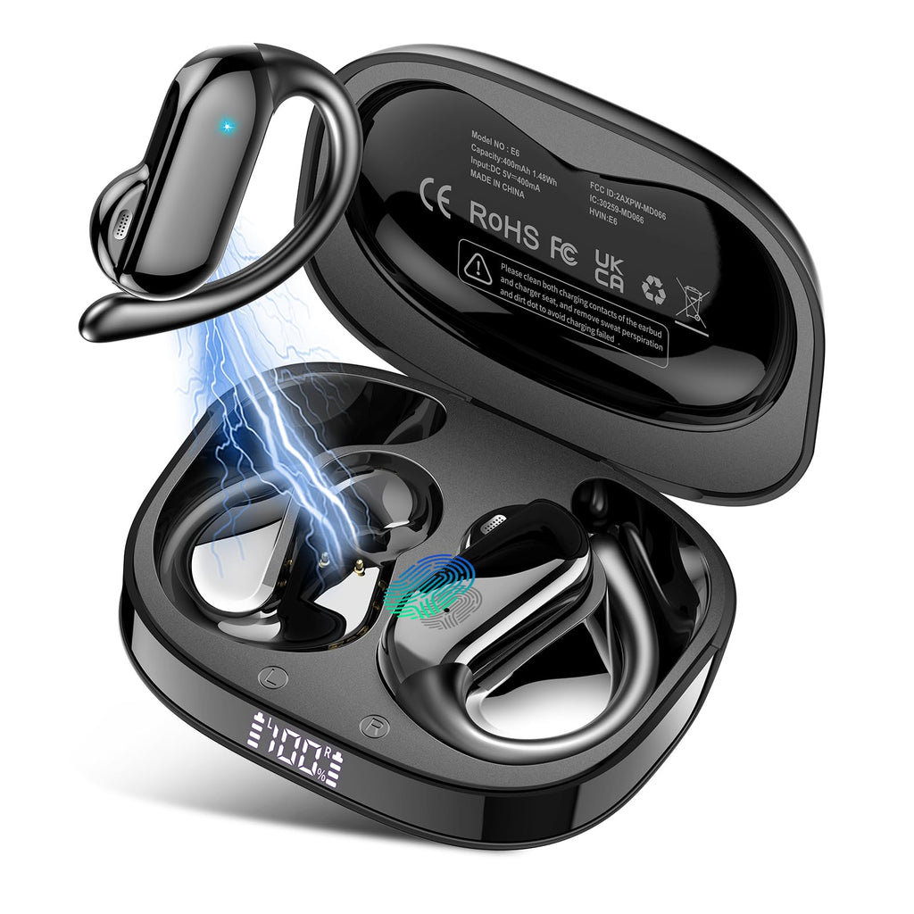 Open Ear Earbuds, Bluetooth 5.4 Wireless Earbuds with Ear Hooks, 32H HiFi Stereo Open Ear Headphones with Clear Calls, IPX7 Lightweight Air Conduction Headphones for Workouts and Running, Black