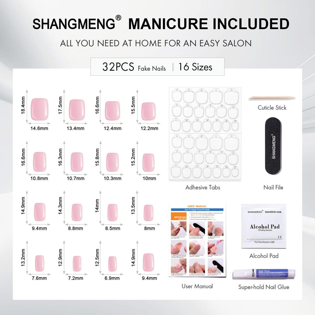 White Chrome Press on Nails Short - SHANGMENG Soft Gel Press on Nails Square for Women Gift, Fit Perfectly & Glossy Glue on Nails in 16 Sizes - 32 Reusable Fake Nails with Glue, Pearl White