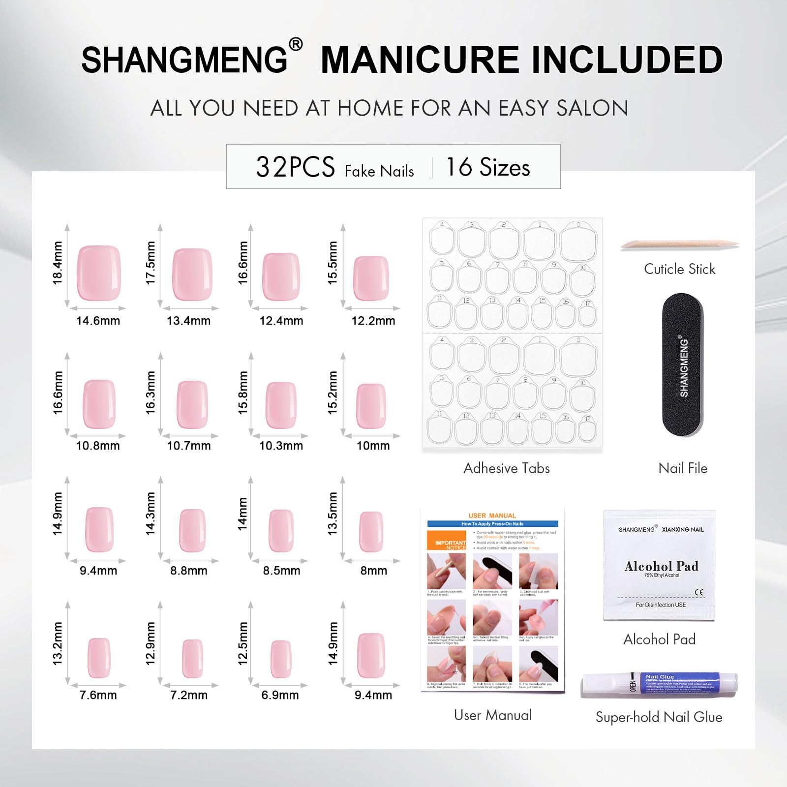 White Chrome Press on Nails Short - SHANGMENG Soft Gel Press on Nails Square for Women Gift, Fit Perfectly & Glossy Glue on Nails in 16 Sizes - 32 Reusable Fake Nails with Glue, Pearl White