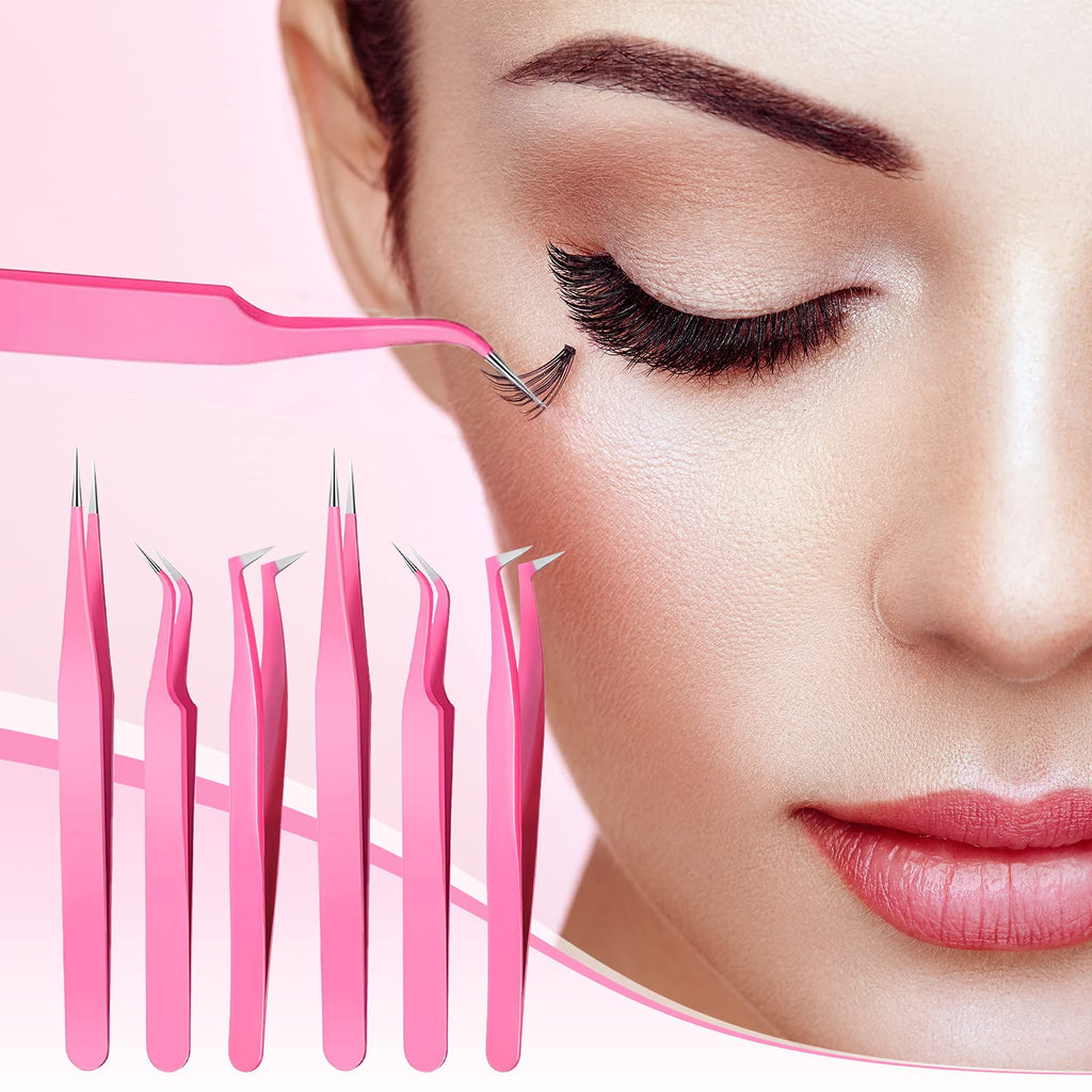 High Precision Lash Tweezers Set 6 Pack Stainless Steel Eyelash Extension Tweezers for Classic, Volume, Mega Volume Lashes, Facial Hair, Eyebrow, Hair Removal, Crafting Making(Pink)