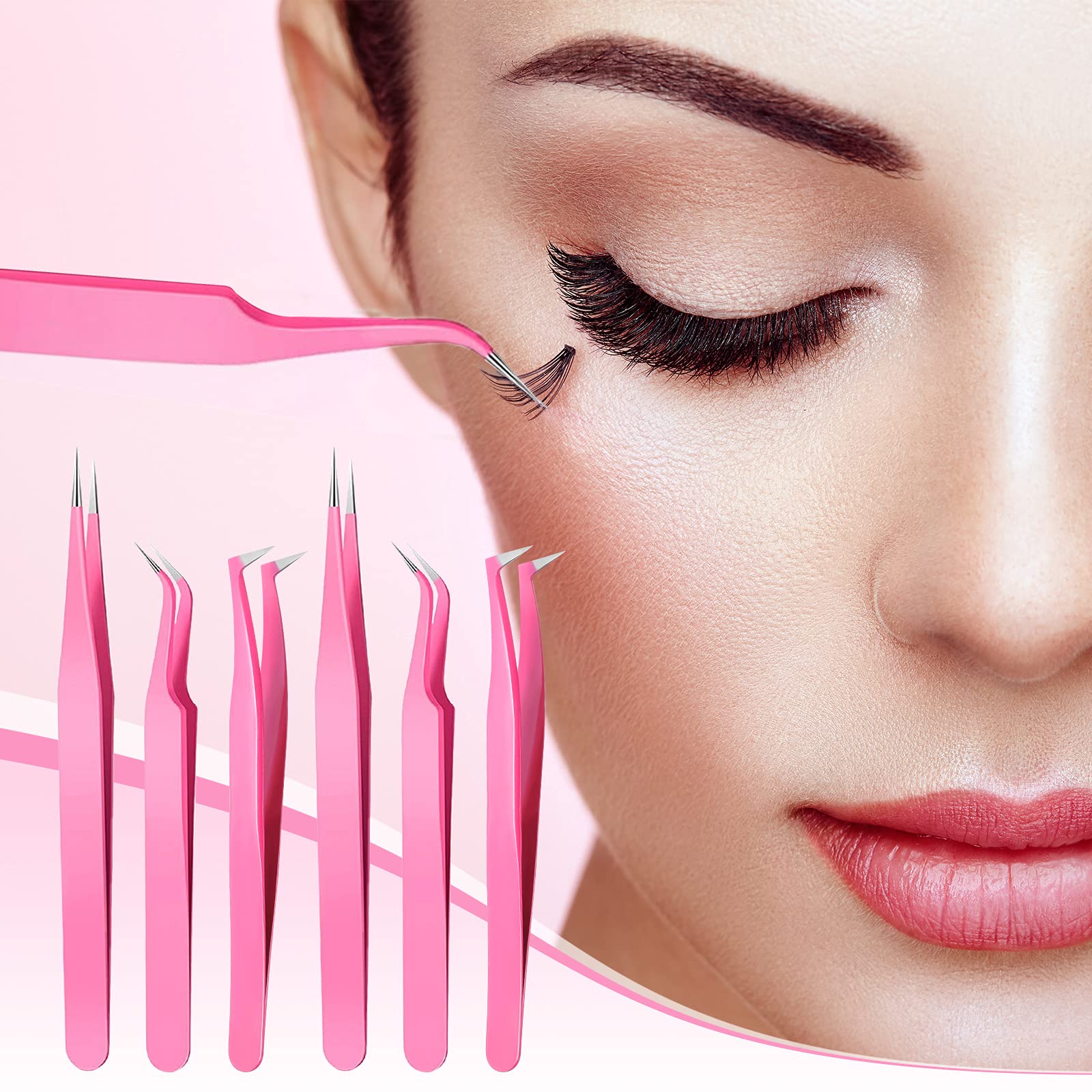 High Precision Lash Tweezers Set 6 Pack Stainless Steel Eyelash Extension Tweezers for Classic, Volume, Mega Volume Lashes, Facial Hair, Eyebrow, Hair Removal, Crafting Making(Pink)